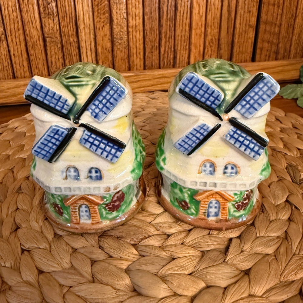 Vintage Japan Windmill Salt and Pepper Shakers Set Blue Green Ceramic Dutch GOOD